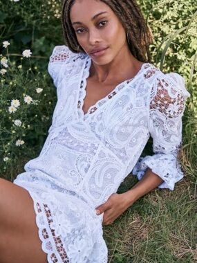 LoveShackFancy Ivory Lace Long Sleeve Mini Dress
